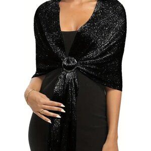 Women's Black Sparkling Metallic Shawls and Wraps Wedding Party with Buckle